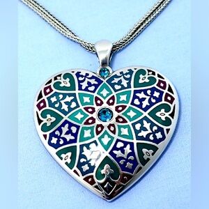 Brighton Zahra turquoise & purple enamel heart pendant set in sterling silver.